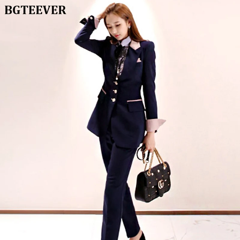 Стильный лоскутный женский брючный костюм офисный женский однобортный тонкий женский Блейзер костюм комплект Женский Спецодежда брючный костюм