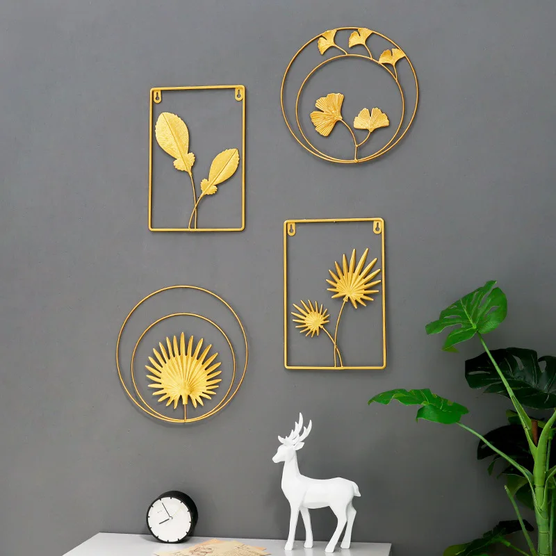 

Nordic Style Wall Mural Iron Frame Holder Ginkgo Leaf Plant Hanging Ornament Living Room Sofa Background Decor Home Accessories