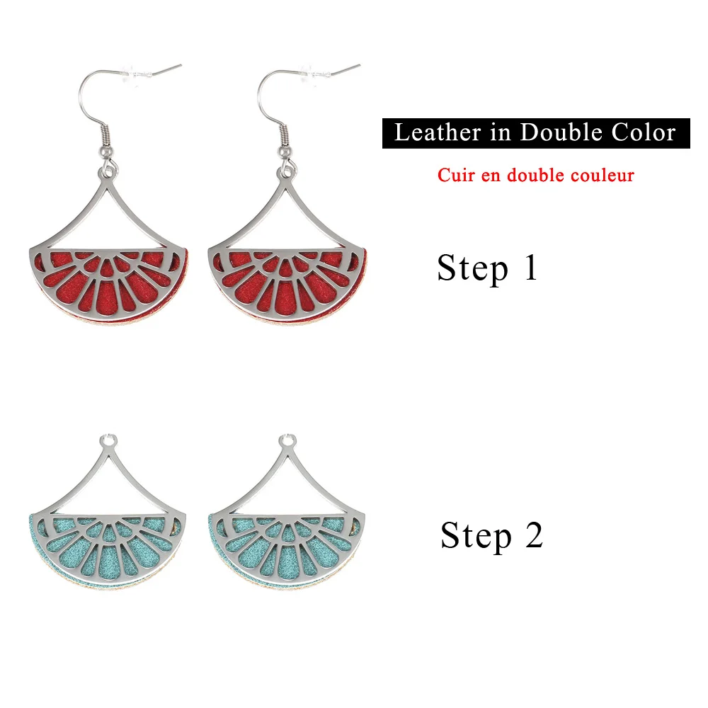 Red and Cyan Cremo Stainless Steel Geometric Fan Pendant Earrings for Women Georgette Drop Hanging Earrings Leather Dangle Earrings Jewelry - Metal Color: Red and Cyan