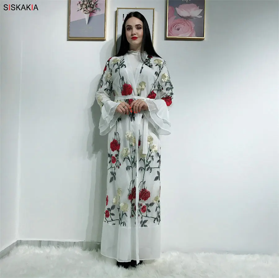 Siskakia роскошное кружевное платье абайя с вышивкой, модное платье с расклешенными рукавами, Дубай, кардиган, халаты, лето, Исламская одежда