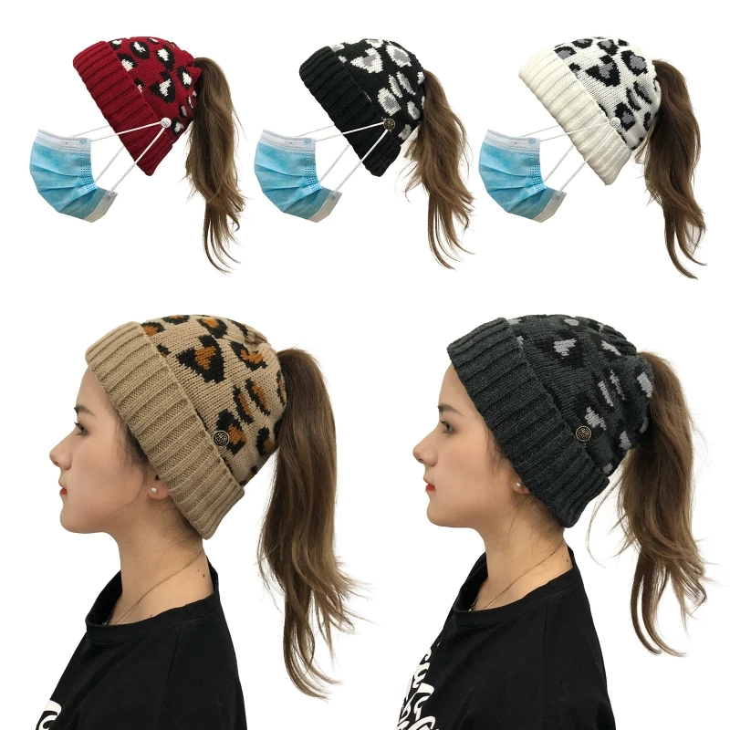 

Women Winter Warm Knit Beanie Hat with Detachable Buttons Leopard Ponytail Cap