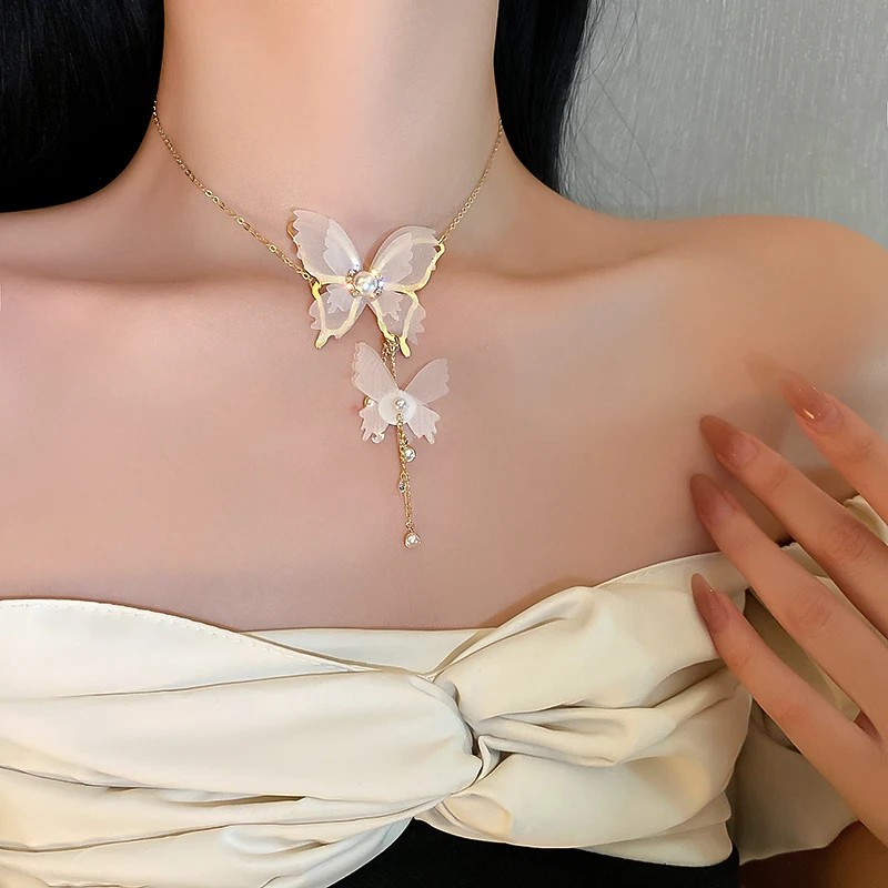

DREJEW Butterfly Chain Necklace for Women Accessories Cute Pendants and Necklaces Luxury Quality Jewelry Pearl Korean Fashion