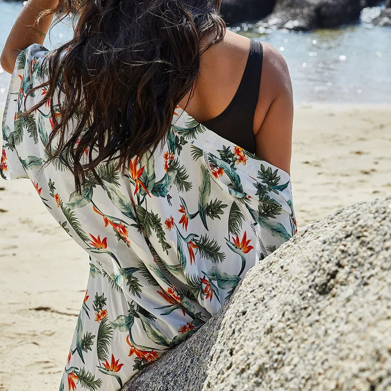 

Beach Robe Pareo Swimsuit For Women Swim Dress Swimsuits Woman Tunic Summer Sexy White Print Upper Garment Rayon Smock Linen