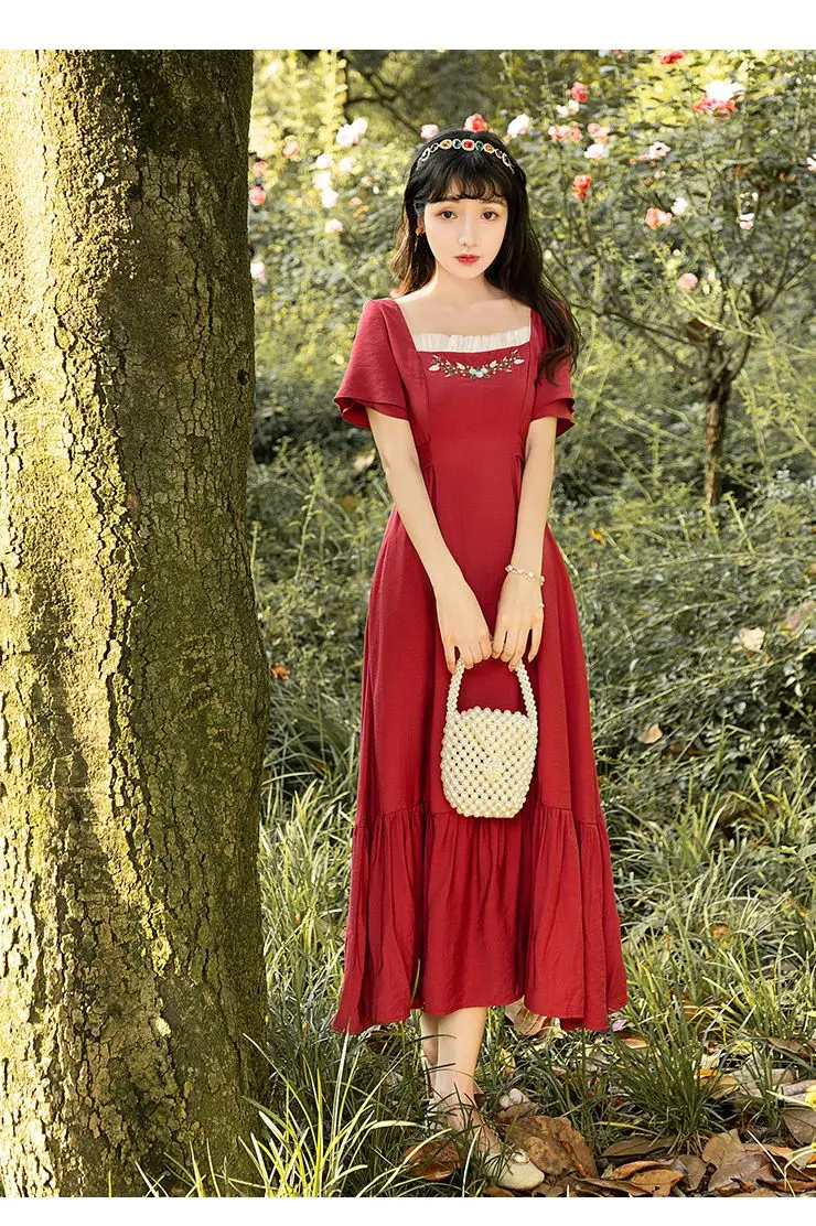 

COIGARSAM French Style Embroidery Women dress Vintage Dresses Red 8936