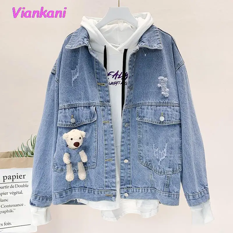 

Vintage Hole Little Bear Decorated Denim Jacket Womens 2021Autumn Korean Loose Jean Jacket Women Fashion Coat New Female Outwear