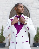 jeltonewin custom made men suits white jacquard purple satin lapel prom tuxedos wedding groom double breasted blazer pants set