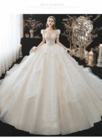 CloverBridal 2021 In Stock Glitter Exquisite Beaded Wedding Dress High Neck Short Sleeves robe de soiree de mariage DH9518