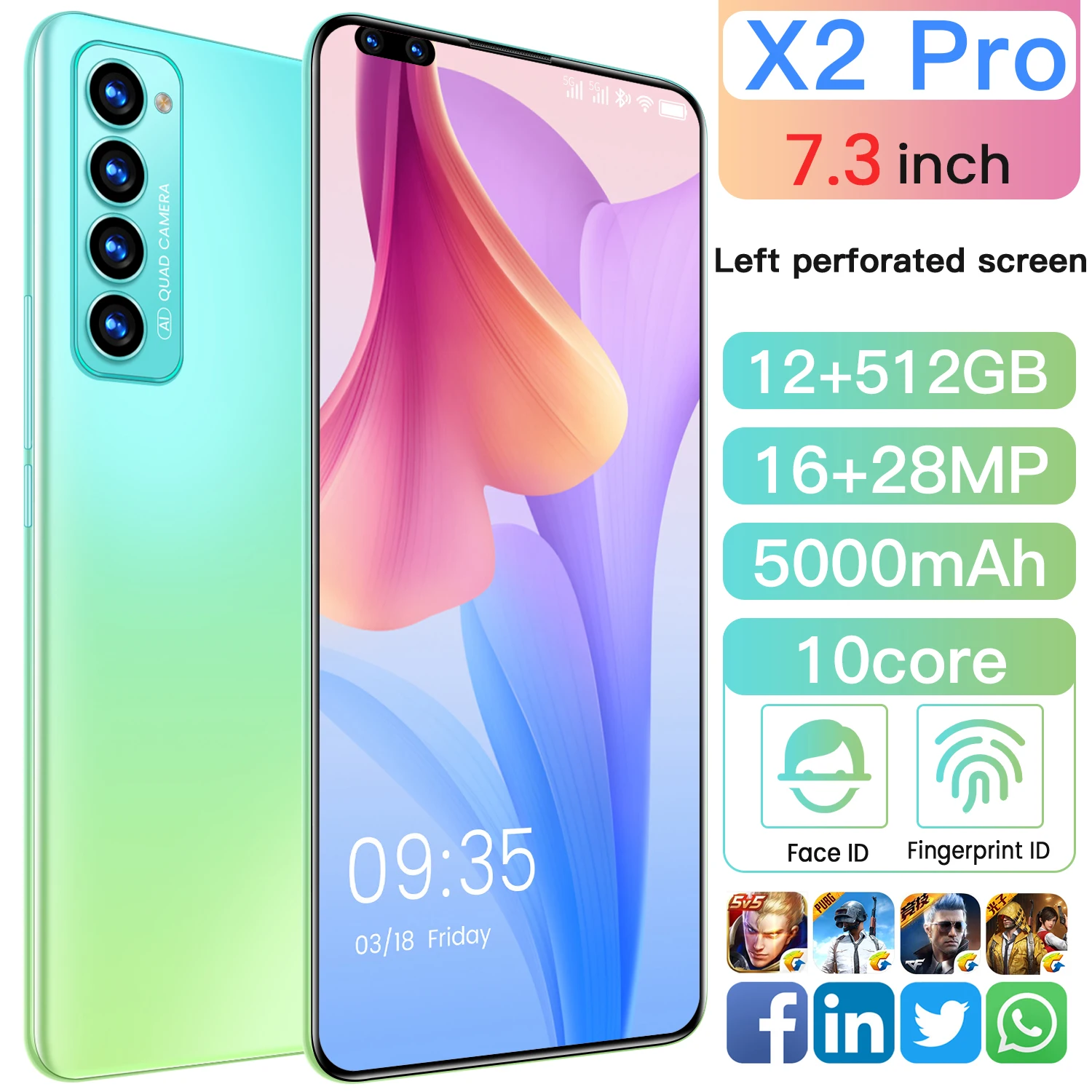 

Global Version 2021 X2 Pro 5000mAh 10 Core Fingerprint Face ID 12+512GB Smart Phone 7.3 Inch 10 Core 16+28MP Dual SIM Cell Phone