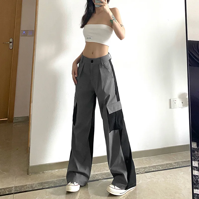 

Autumn Cute Fashion SML Loose Patchwork Pocket Contrast Color High Waist Woman Casual Wide Leg Pants Lady Straight Trousers