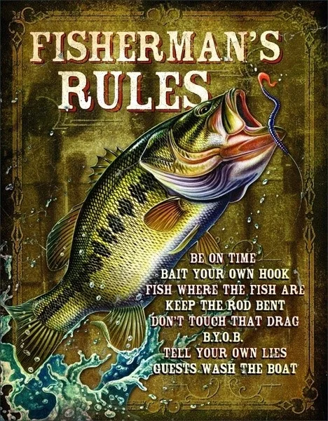 

Lunker's Lures Tin Sign, 8 x 12 H Fisherman's Rules