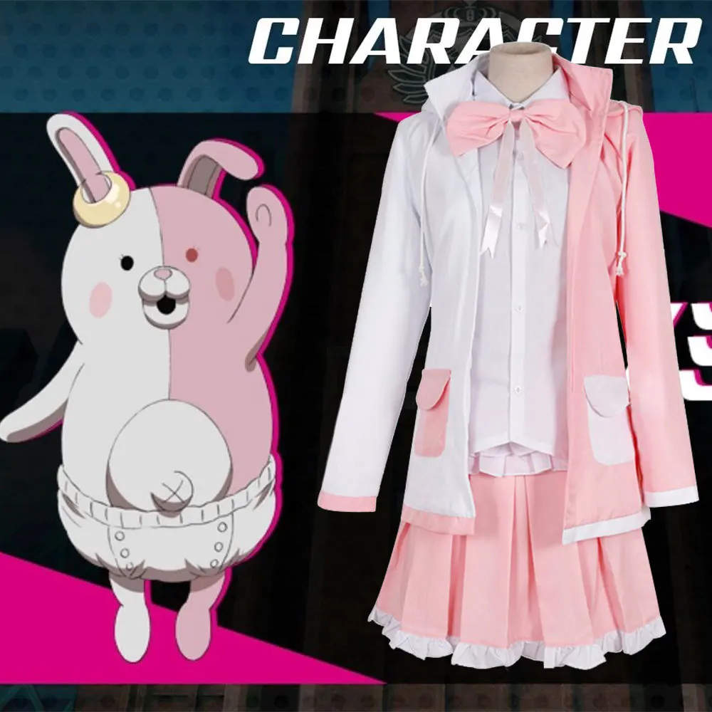 

Danganronpa Monomi Cosplay Costume Pink Long Wig Bear Toy Rabbit Bear GIrls Coat Skirts JKUniform Full Set Shirt