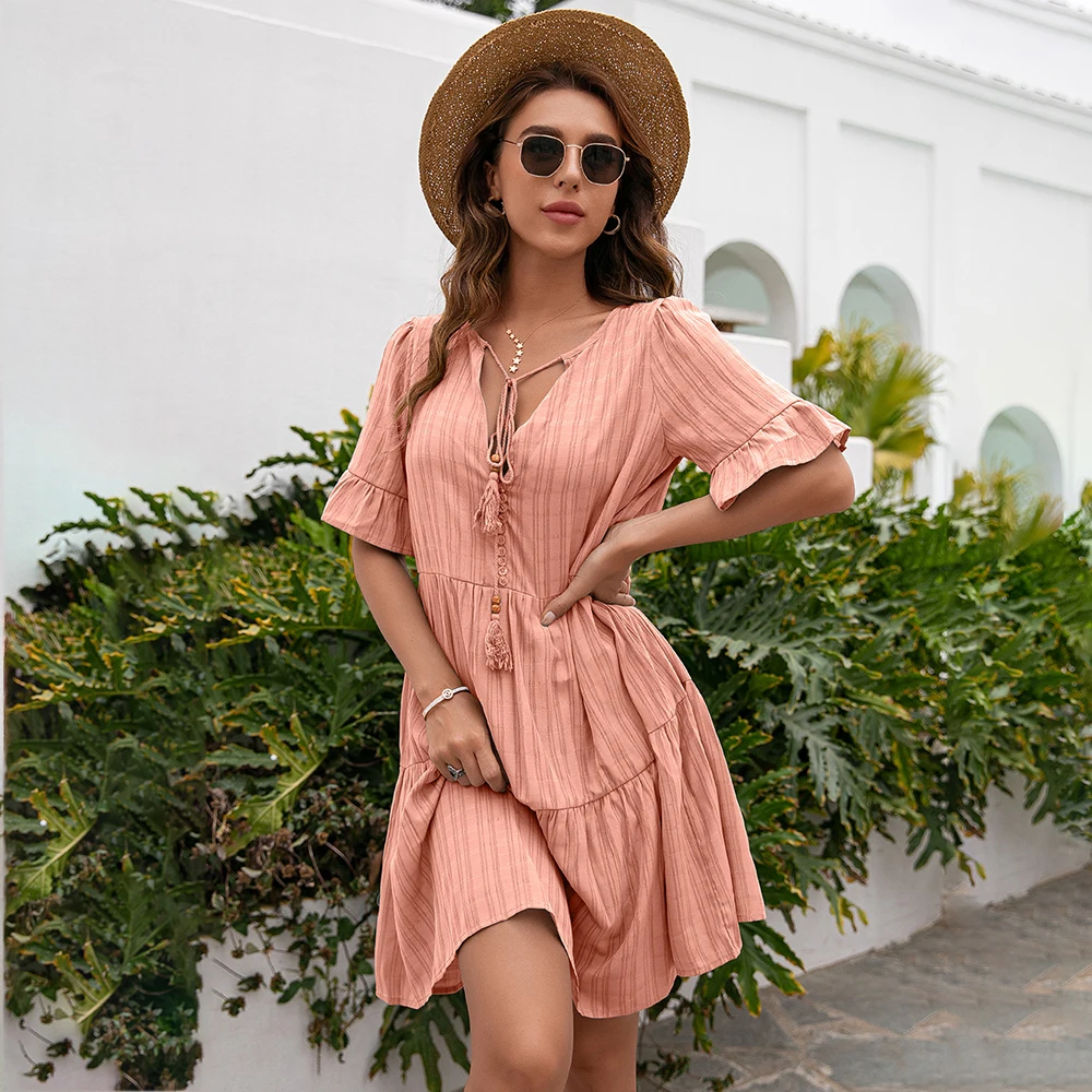 2021 Summer Fashion Women's Sexy V-neck Lace Up Half Sleeve Knee-length Dresses Casual Solid Button Ruffle Beach Loose Dresses