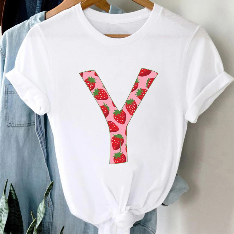 

T-shirts for Women Custom Letters a B C Female T-shirt Strawberry Graphic T Shirt Fashion Tops Tees Summer Short Sleeve T-shirt