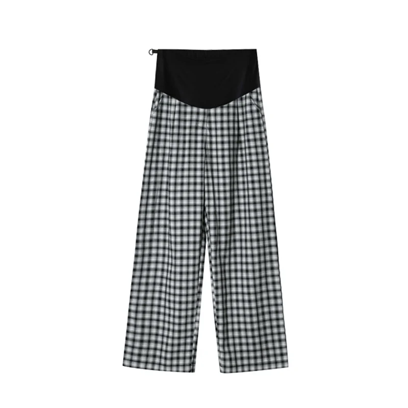 

6801# 2021 Summer Thin Black Plaid Maternity Full Long Pants Belly Wide Leg Loose Pants Clothes for Pregnant Women Pregnancy