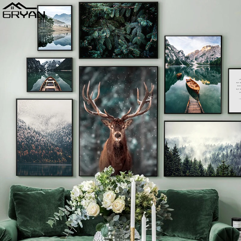 

Nordic Snowing Landscape Forest Deer Poster Animal Lake Boat Christmas Leaves Snow Mountain Prints Painting Nature Picture Decor