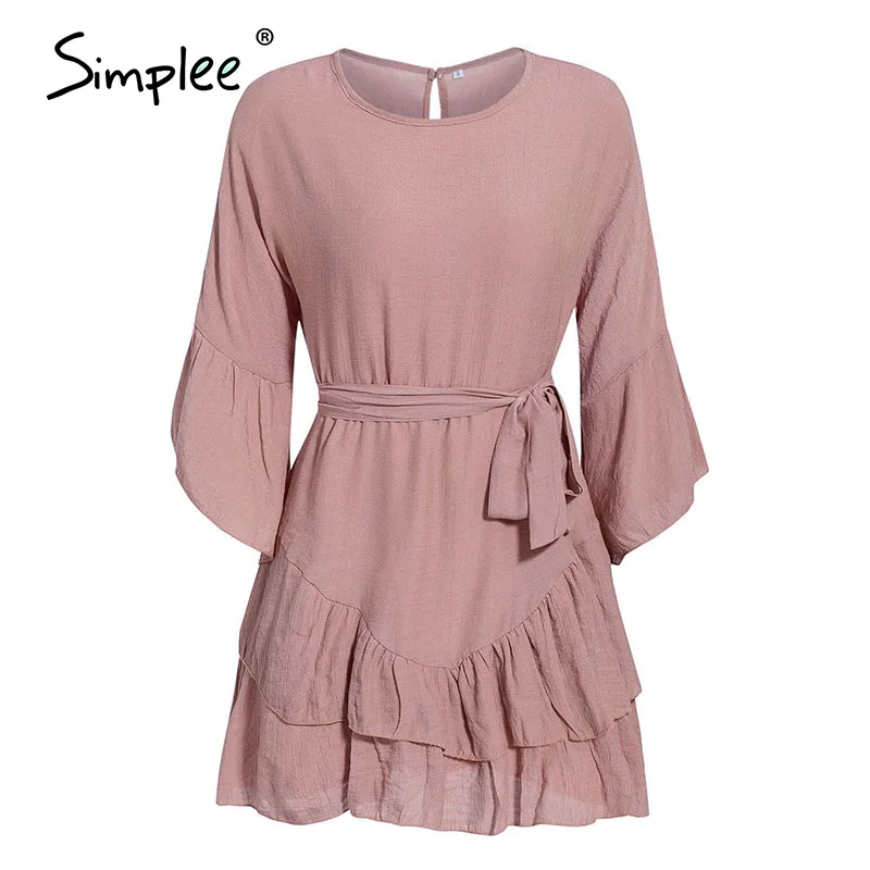 Simplee Solid bohemian ruffled women dress Elegant o-neck sash belt female short Summer casual soft ladies vestidos | Женская одежда