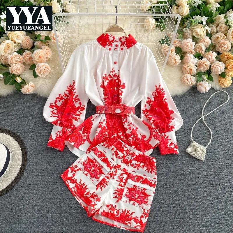 

Ladies Shirts Elegant Vintage Stand Collar Printed Puff Sleeve Tops Blouse Wide Leg Shorts Two Piece Set Spring Summer Outfits