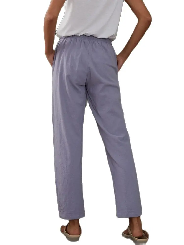 

2021 Summer Hot New Solid Color Big Pockets Elastic Waist Cotton Linen Loose Ladies Casual Fashion Splice Lacing Oversize Pants