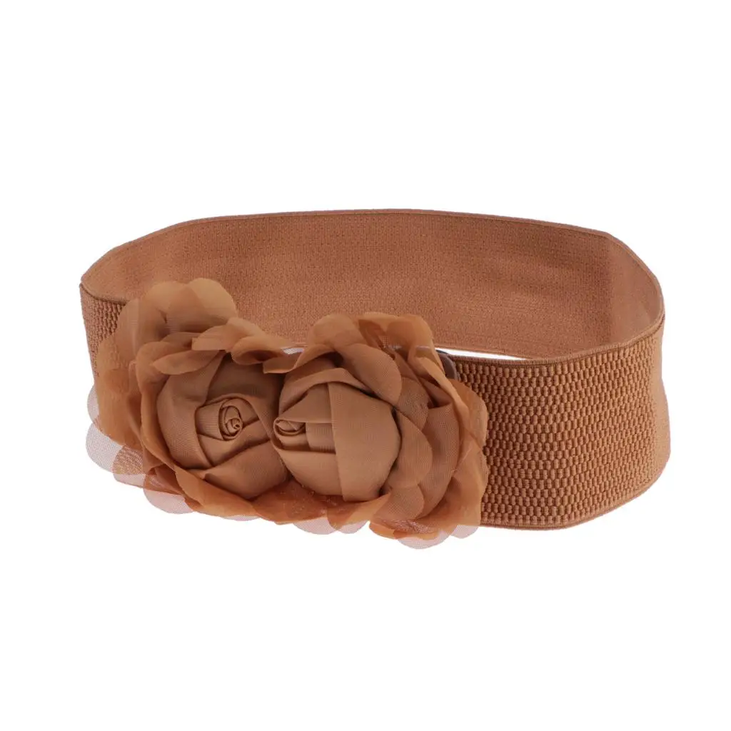 

Fashion Double Rose Flower Elastic Waist Belt Wide Waistband for Women Girls