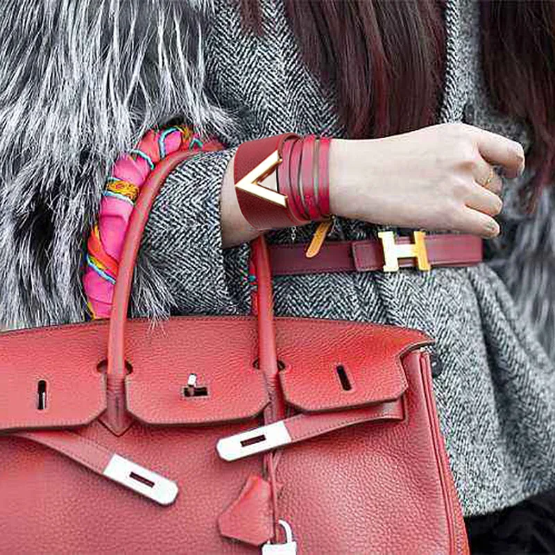 

2020 New Trendy V Letter Genuine Leather Bracelet Wristband Female Simple All-Match OL Wide Wrap Bracelets for Women Pulseras