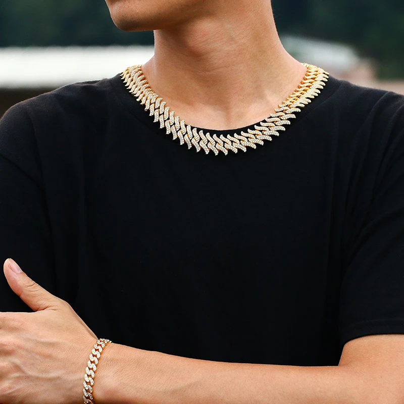 

Gold Pave Wide Miami Prong Cuban Link Chain Necklace With Lced Out Bling Full Rhinestone Hiphop Jewelry Copper Statement For Men