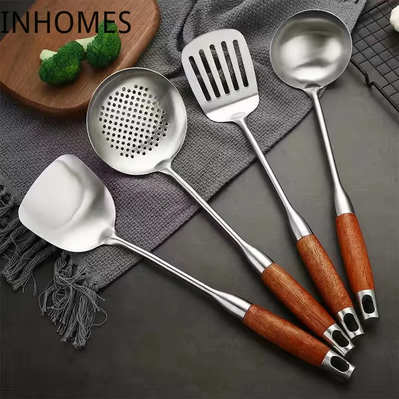 

Rosewood Handle Stainless Steel Wok Spatula Skimmer Slotted Shovel Turner Rice Spoon Serving Utensil Set Kitchen Cooking Tools