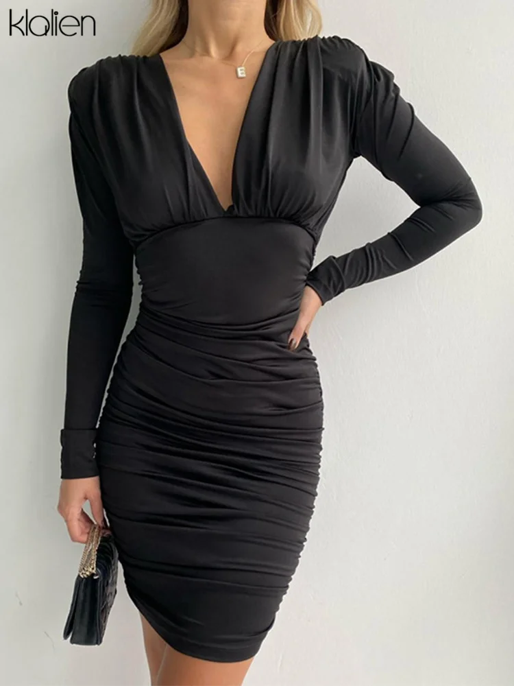 

KLALIEN Fashion Elegant French Romantics Low Chest V Neck Offic Lady Mini Bodycon Dresses Women's Solid Simple Party Dress