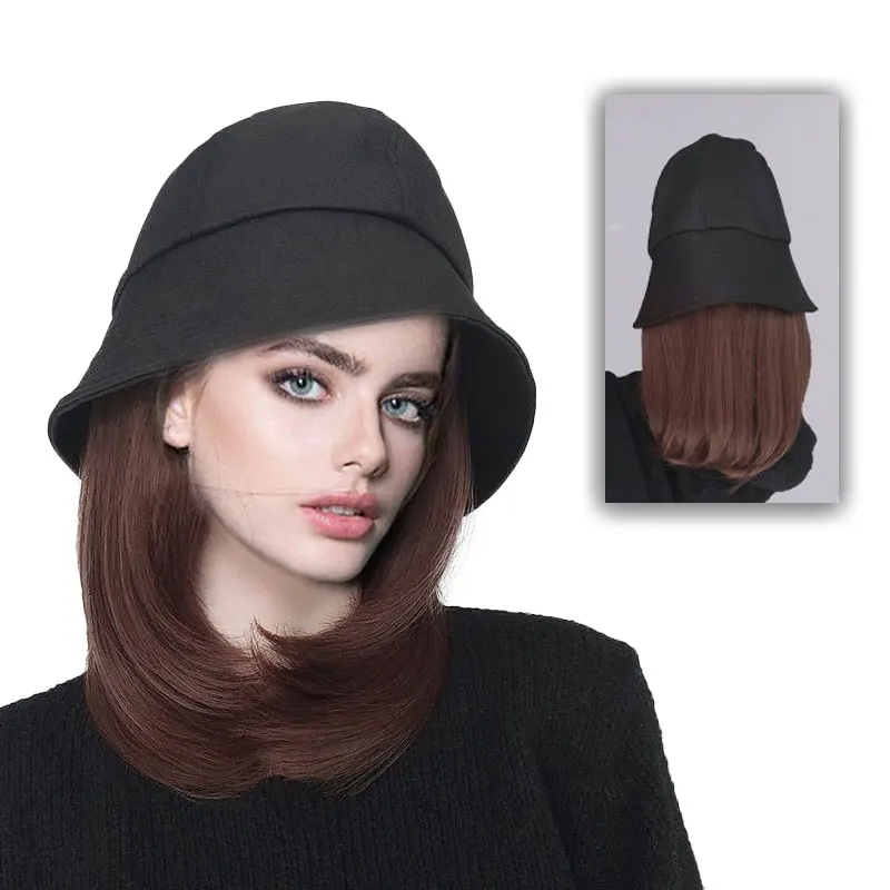 Synthetic Fisherman's Hat Hair Wig Natural Black / Brown Short Straight Wigs Naturally Connect Synthetic Hat Wig Adjustable For