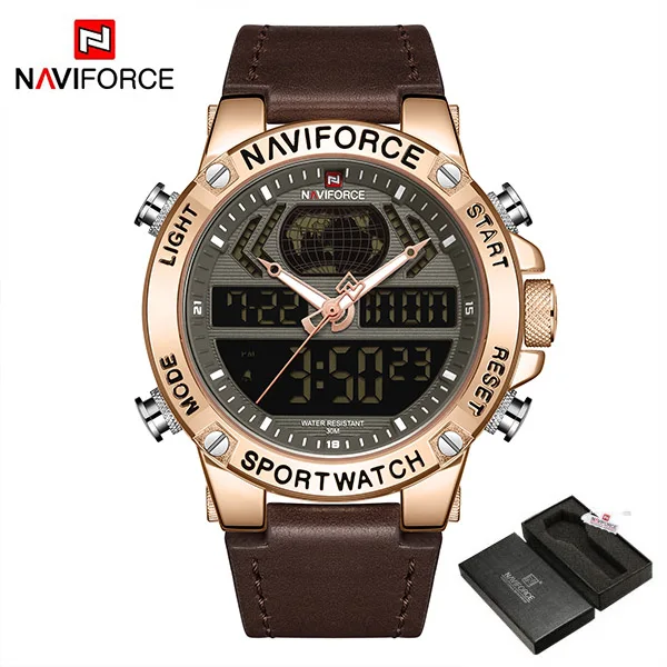 RoseGoldBrownWithBox NAVIFORCE мужские часы Роскошные брендовые кварцевые часы кожаные водонепроницаемые военные часы с двойным дисплеем для мужчин Relogio Masculino - Цвет: RoseGoldBrownWithBox