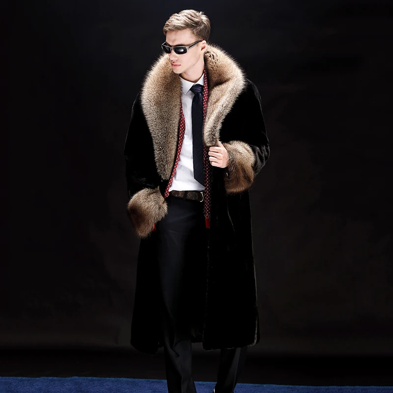 Ftangaiur Winter Jacket USA Import Velvet Mink Coat Turn-Down Collar Coats Soft Men's X-Long Smart Natural Real | Мужская одежда