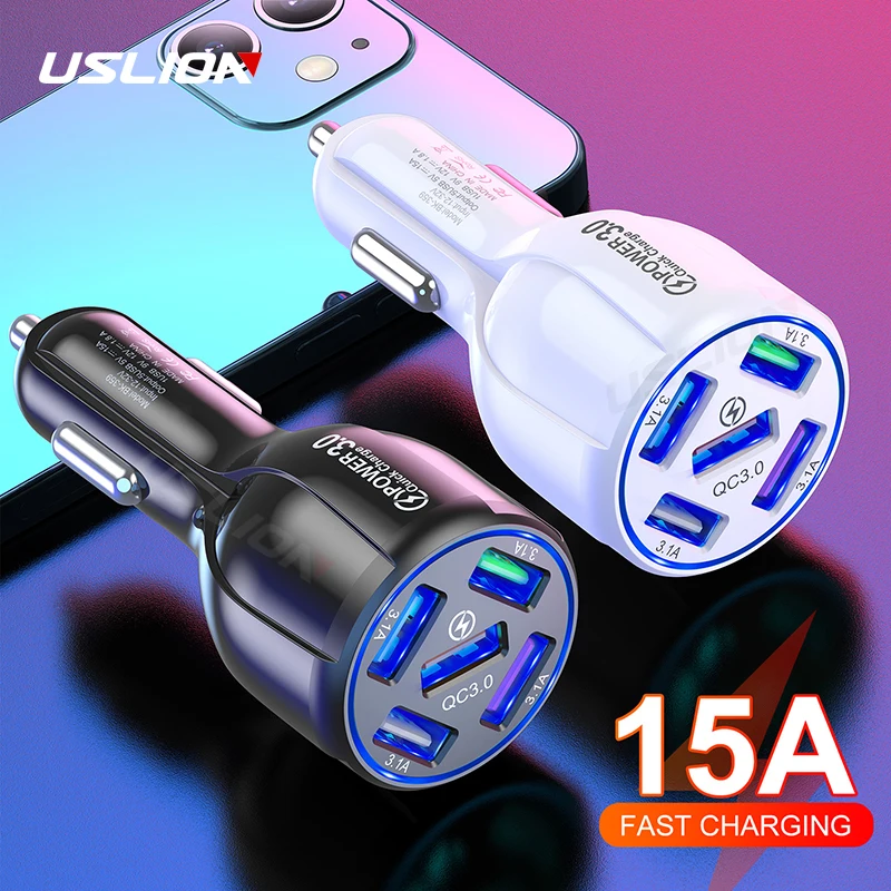 Автомобильное зарядное устройство USLION, с 5 USB-портами, 15 А, с функцией быстрой зарядки для iPhone 12, Xiaomi, Huawei, мобильный телефон