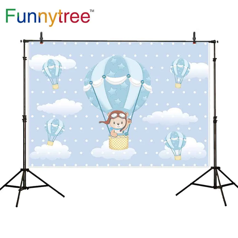 

Фоны Funnytree для фотостудии медведь синие белые облака точки воздушный шар День рождения мальчик ребенок фон Фотофон