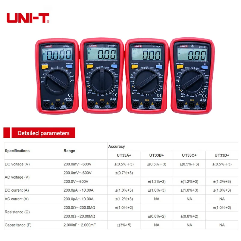 Multímetro de tamaño de Palma de UNI-T, medidor de resistencia LCD, CA, DC, 2mF, capacitancia, NCV, retroiluminación, UT33A + /UT33B + /UT33C + /UT33D +