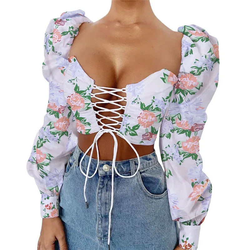 

Boho Женская блузка с цветочным принтом, рубашка, длинный рукав, бандаж, шнуровка, тонкий высокий уличный стильный топ с ремешками, праздничны...