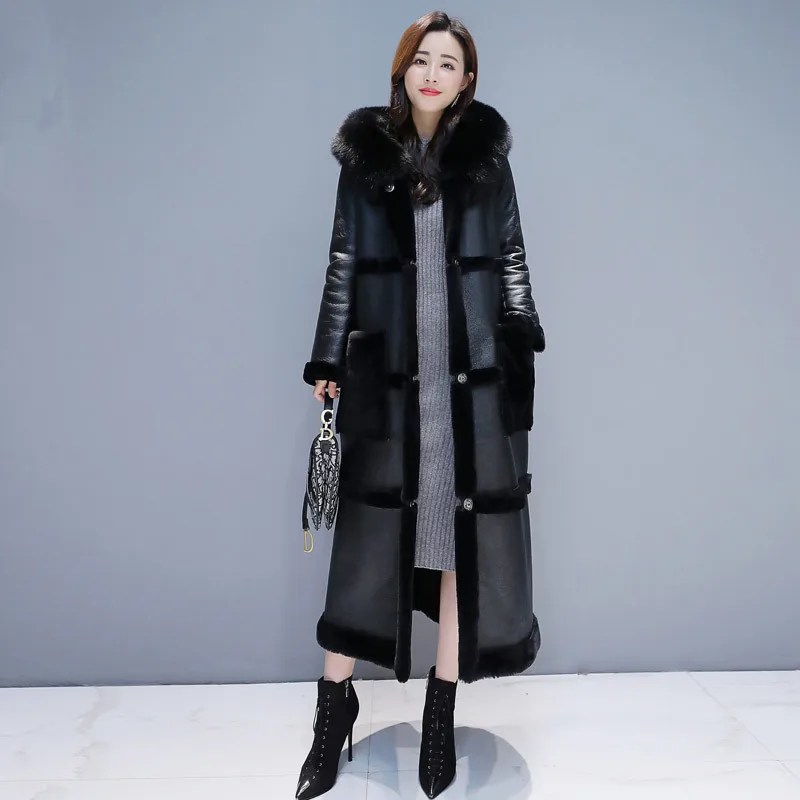 Women Leather Overcoat Winter 2021 Fashion Thicken Warm Double-faced Fur Hooded Tops Coat Loose Long Overcoat Padded Outerwear enlarge