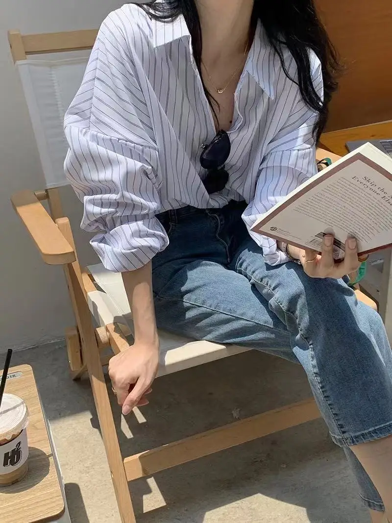 

2021 autumn women's blouse Korean style Casual Striped Long Sleeve shirt women Loose Sun Protection tops(N0247