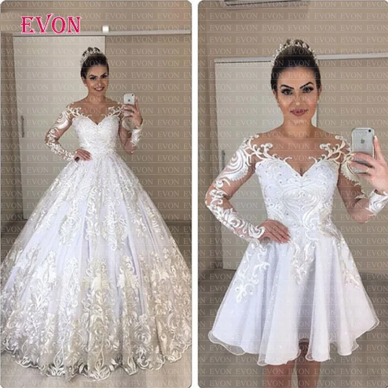 2 en 1, кружевное бальное платье, недорогие свадебные платья Vestido De Noiva, длинные рукава, v-образный вырез, съемные Шлейфы для свадебных платьев, индивидуальный заказ