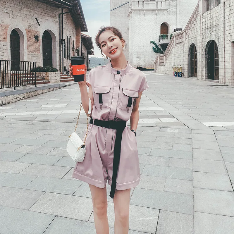 

Женский короткий комбинезон в стиле сафари, Модный летний женский праздничный комбинезон в уличном стиле с карманами, розовый комбинезон д...