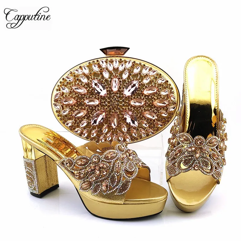 

Gold Wedding Pumps With Purse African Women's High Heel Shoes And Evening Bag Set With Rhinestones CP6002 Heel Height 10.5CM