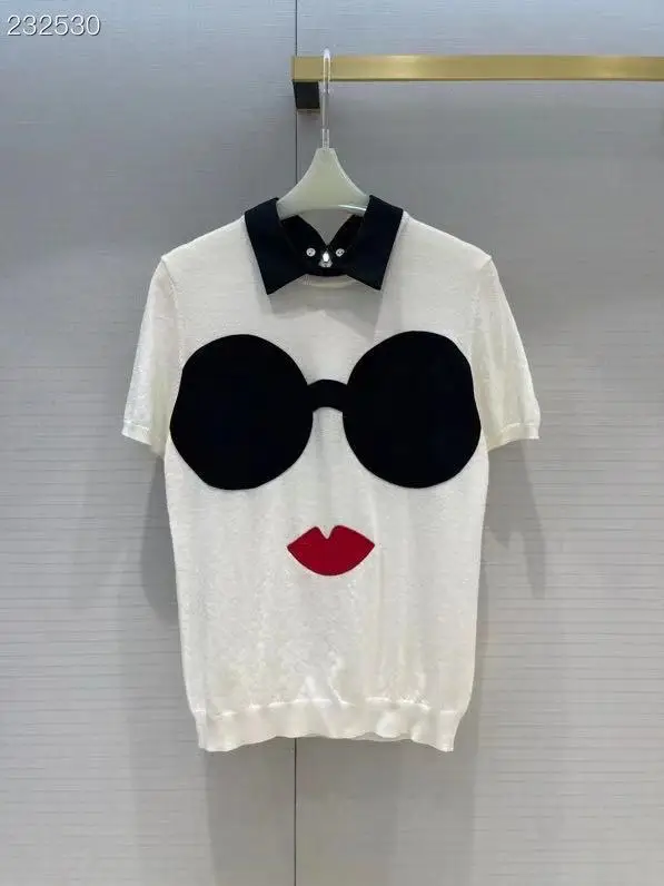 

2021 Wool Knitted High Quality Runway Designer Blouse Elegant Vintage Short Sleeve Women Blouse Shirt Top