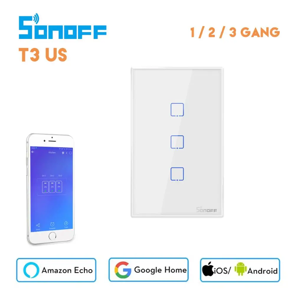 Сенсорный Wi Fi переключатель Sonoff T2 US дистанционное управление Ewelink APP/433 RF работа с