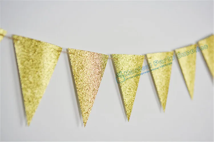 Бесплатная доставка 10 комплектов золотые блестящие Треугольные флаги