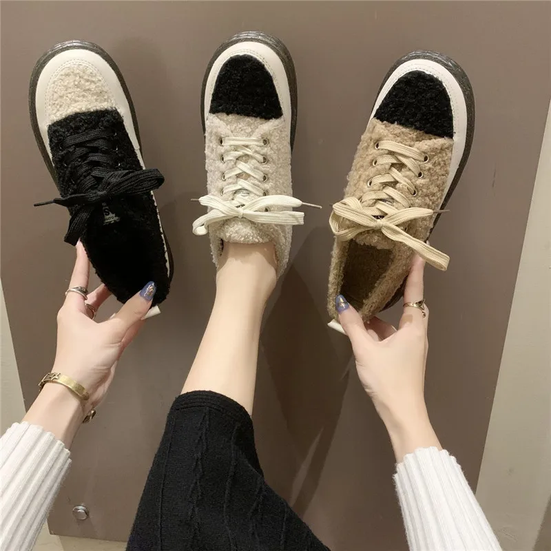

COOTELILI Women Shoes For Woman Flats With Faux Fur Round Toe Fashion Shoes 3cm Heel Women Lace Up Black Basic Casual 35-40