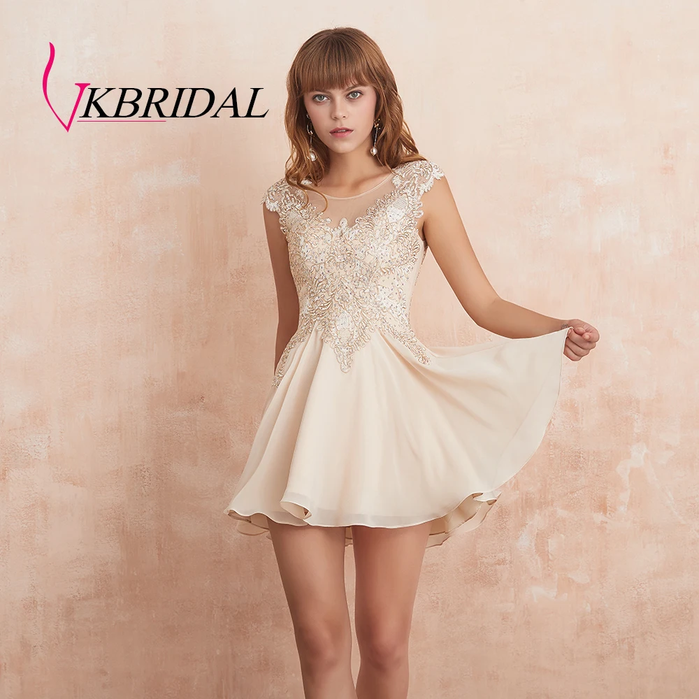 VKBRIDAL Выпускные платья шампанского шифон аппликации бисером вечернее короткое платье для выпускного вечера