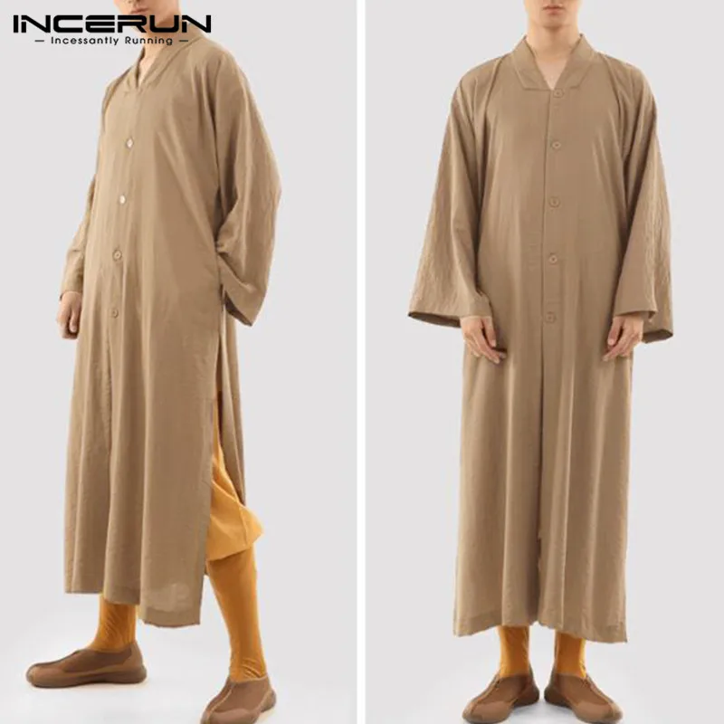 

INCERUN Chinese Style Men Robes V Neck Solid Color Cotton 2021 Long Sleeve Vintage Ethnic Mens Gown Button Traditional Robes