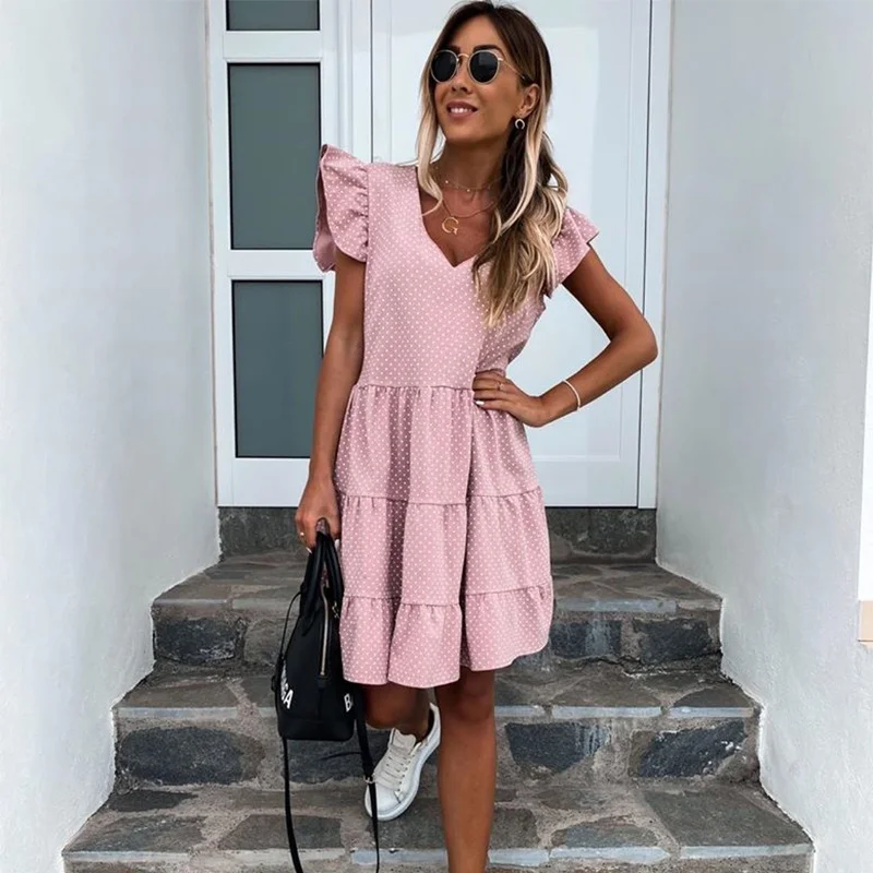 

Women's summer dress, casual dress with frills and sleeves, v-neck cleavage, bubbles, boho style, fashionable, new, 2021