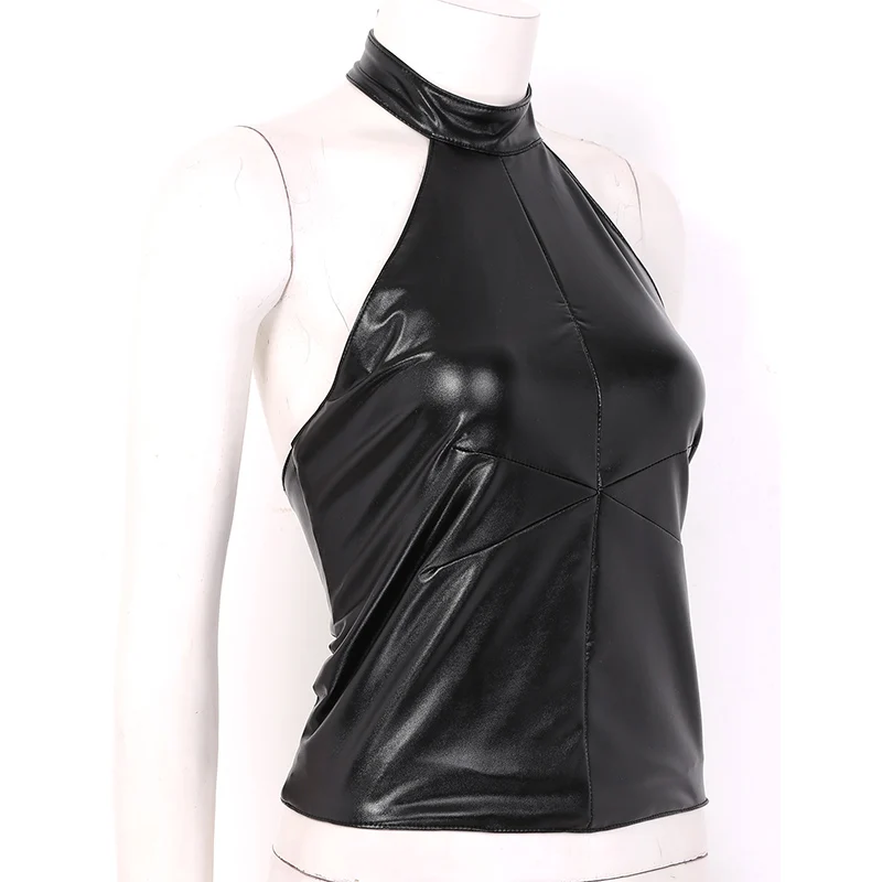 Женские сексуальные топы с эффектом мокрого вида черная искусственная кожа