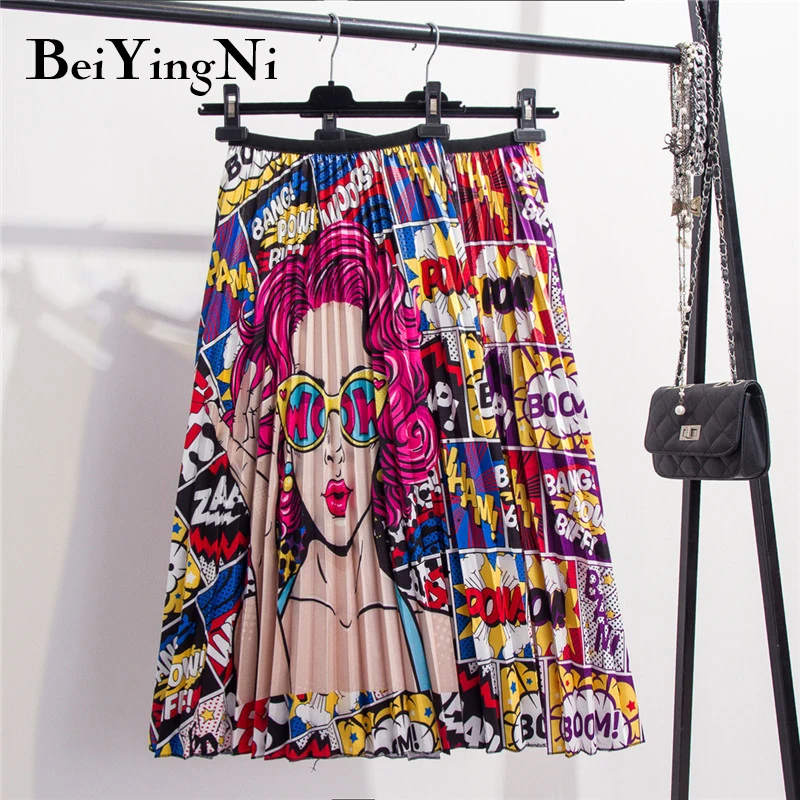 Beiyingni Cartoon Printed Skirt Women Summer Autumn High Street Pleated Midi Skirts Funny Casual European Chic Maxi Ladies | Женская