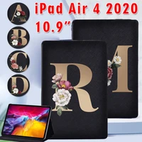 cute floral gold initial name tablet case for apple ipad air 4 2020 10 9 inch pu leather tablet stand folding cover free stylus