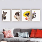 Картина на холсте с изображением милого мопса и кошки, забавные животные, постер с бокалом для вина, настенные картины для гостиной, домашний декор